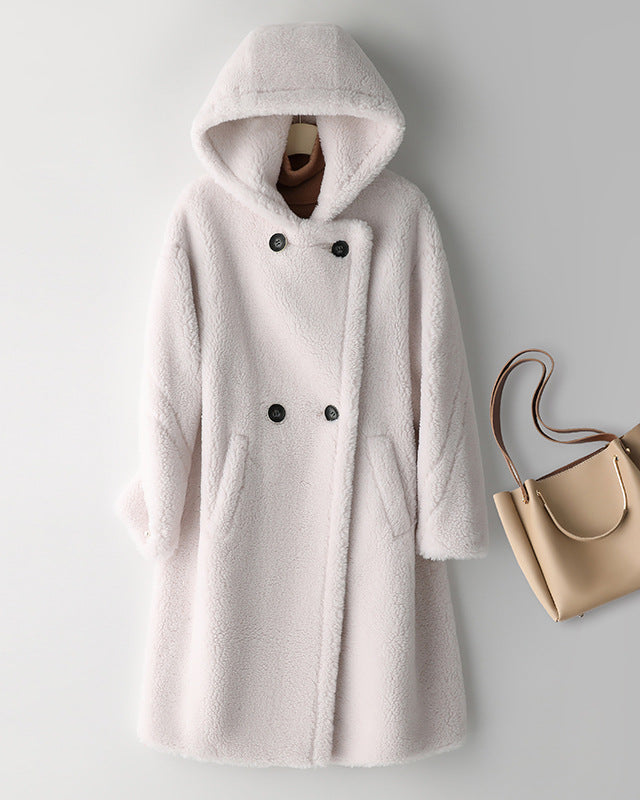 Teddy Bear Icon 100% Wool&Cashmere Coat–Ivory with Hood